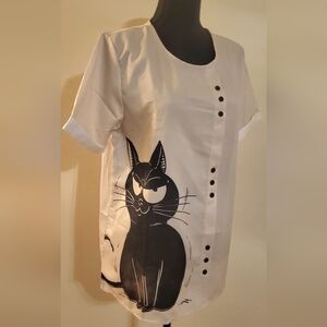 Adorable Cat Lady Blouse In‎ Beige w/Black Kitty Cat Print (Size M)